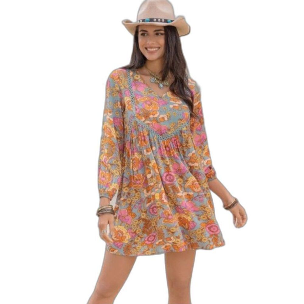 RusttyDustty Women's Multicolor Floral V-Neck LS Boho Babydoll Mini Dress M